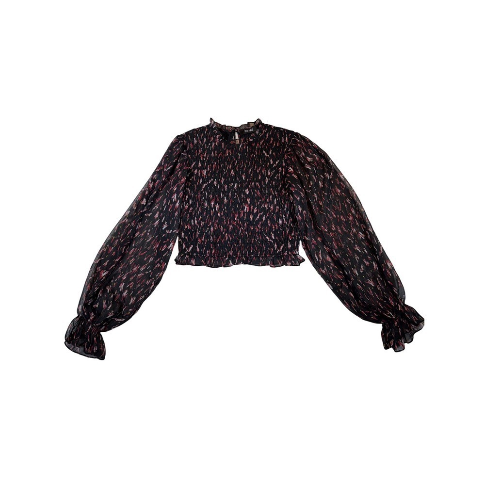 DO+BE Womens Smocked Crop Top Black Gold Metallic Balloon Sleeve Mock Neck L